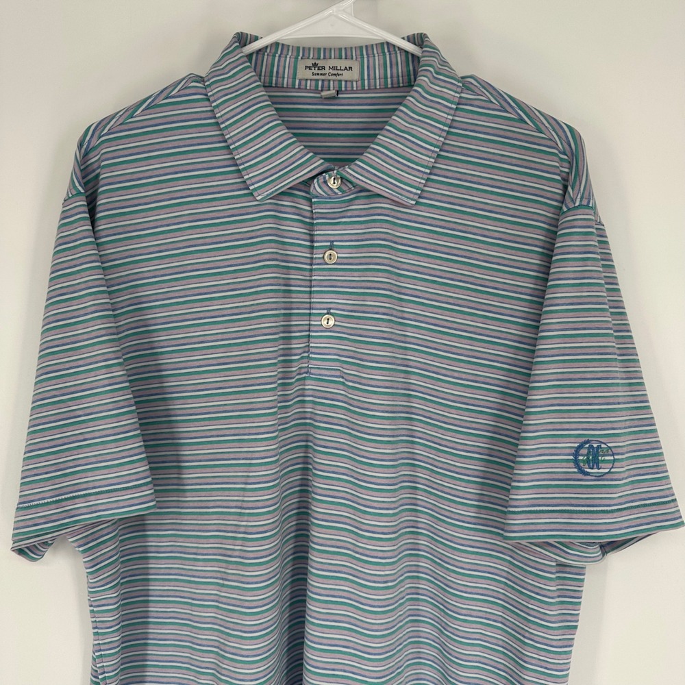 Peter Millar Summer Comfort Oklahoma GCC Mens Large Polo Shirt Striped Blue L